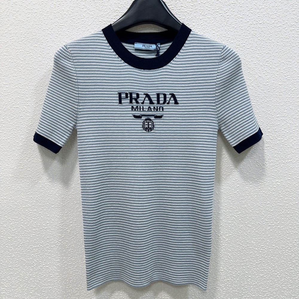 Prada Milano Striped Ribbed Knit Short Sleeve Top